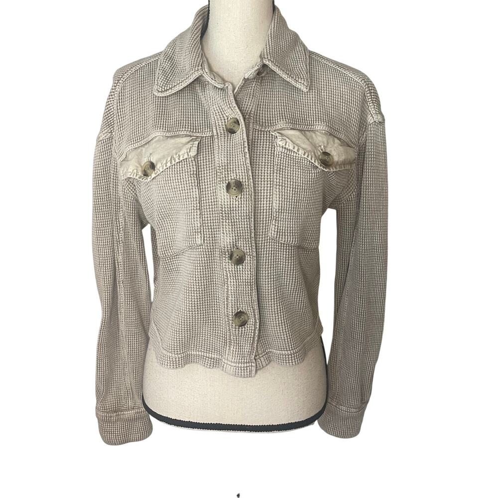 Bagatelle Collection Waffle Knit Cropped Shacket XS Tan Gritty Boho Grunge